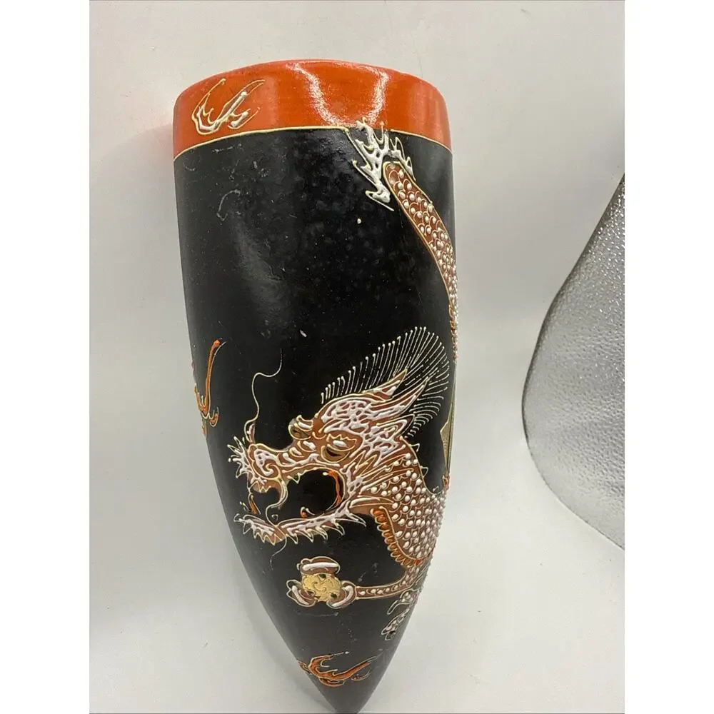 Set Of 2 Hand Painted Dragon Wall Vases Japan # 2748 *